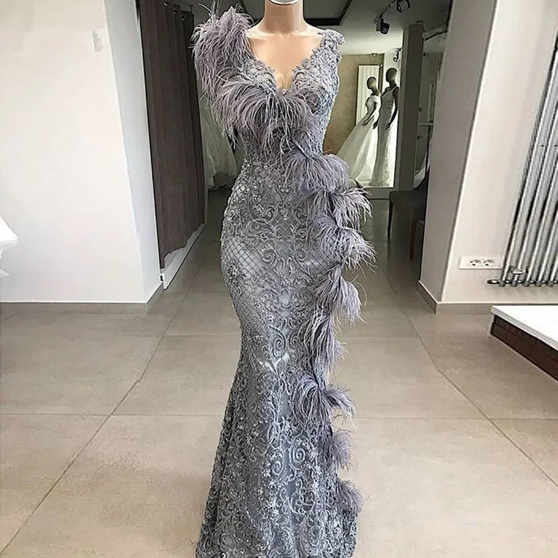 

Elegant Gray Lace Mermaid Evening Dress 2020 Long V Neck Feathers Formal Prom Dresses Turkey Robe de soiree Women Party Gown