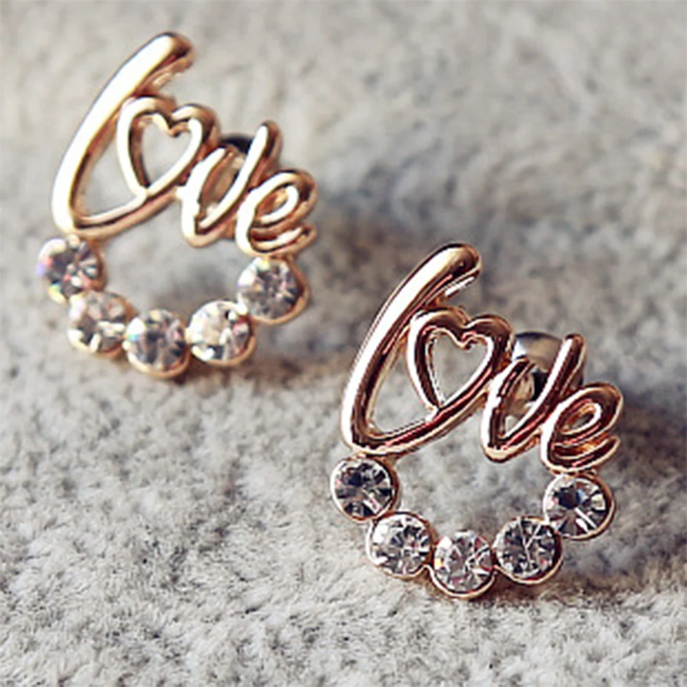 Trendy Korea Letter Love Stud Earrings For Women Exquisite Gold Silver Color Rhinestone Ear Nail Fashion Jewelry Party Gifts | Украшения и