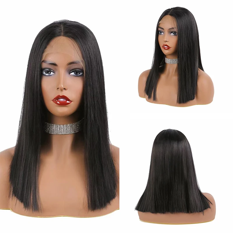 

14-16'' 180% Density Short Cut Bob Straight Synthetic Lace Front Wig For Black Women Daily Cosplay Baby hair Natural Hiarline