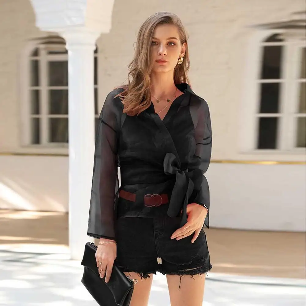 Женская прозрачная сетчатая блузка прозрачный топ с длинным рукавом модная