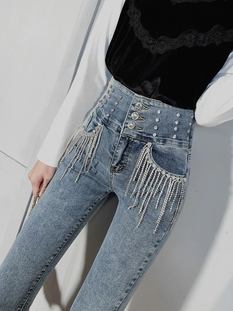 

Heavy Industry Diamond Set Jeans Women 2020 New Autumn High Waist Tight Slimming High Waist Jeans Streetwear Jeans Woman