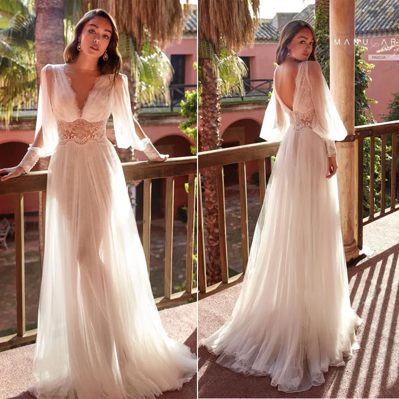 

2021 Long Boho A-Line V-Neck Wedding Woman Prom Dress Lace Long Sleeve Prom Bride Princess Floor Length Cocktail Party Dresses