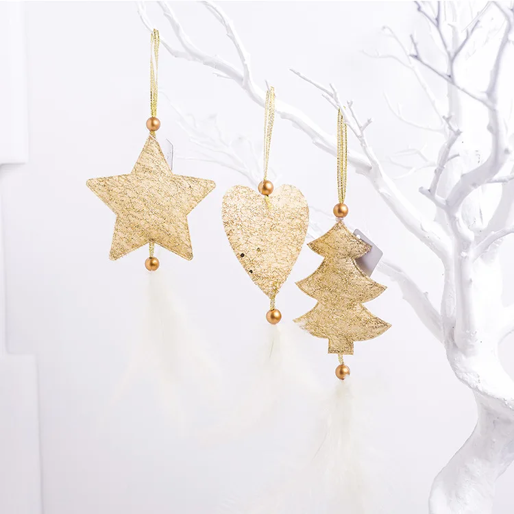 3pcs Christmas Decorations for Home Gold Silver Star Heart Christmas Tree Feather Pendant Xmas Ornaments New Year Decorations