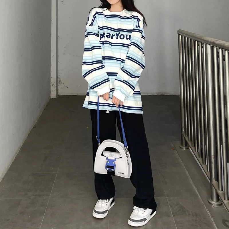 

Japanese Style Striped Sweater Women's Spring and Autumn Korean Style Chic National Fashion Letter Embroidered Coat