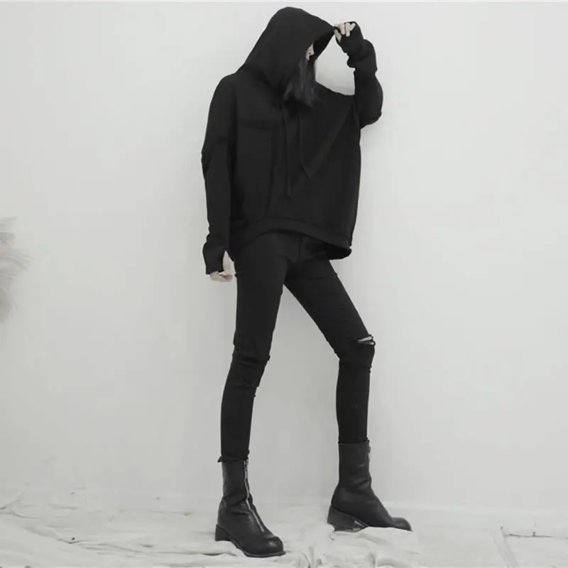 Свитер на шнурке XITAO черный с ассиметричным плиссированным рукавом 2019|Женские