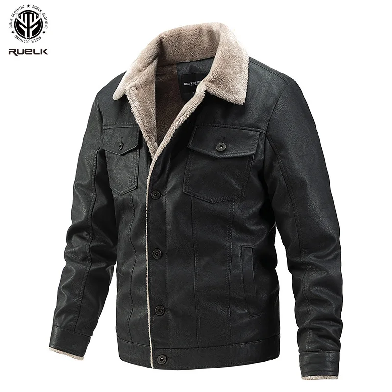 

RUELK 2021 European American Winter Korean Version Of The Trend Plus Velvet Men PU Motorcycle Casual Leather Jacket Men's Jacket