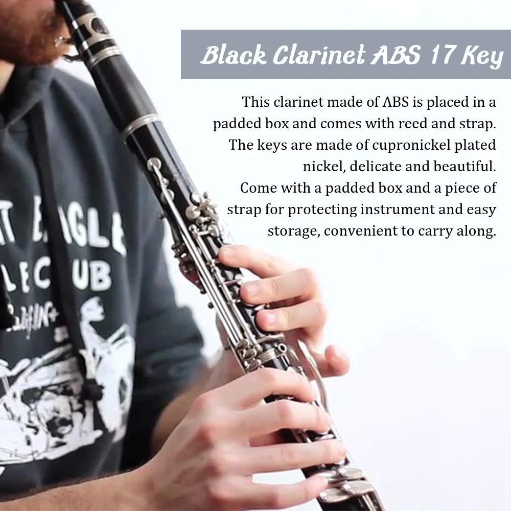 

Black Clarinet ABS 17 Key bB Flat Soprano Clarinet with Cleaning Cloth Gloves Reed Screwdriver Case Woodwind Instrument