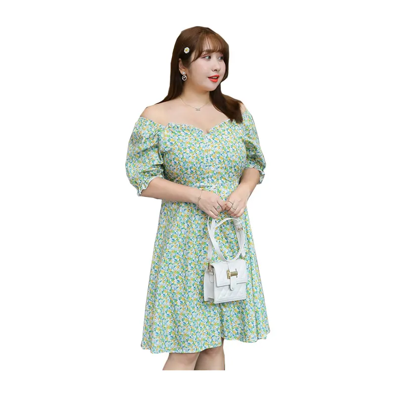 

Женское летнее шифоновое платье с квадратным вырезом и принтом, гофрированное платье размера плюс, Повседневное платье длиной до колена, 100 ...