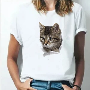 Забавная летняя Милая 3D футболка с изображением озорной кошки, Женская Оригинальная футболка с круглым вырезом и коротким рукавом, топы, футболки