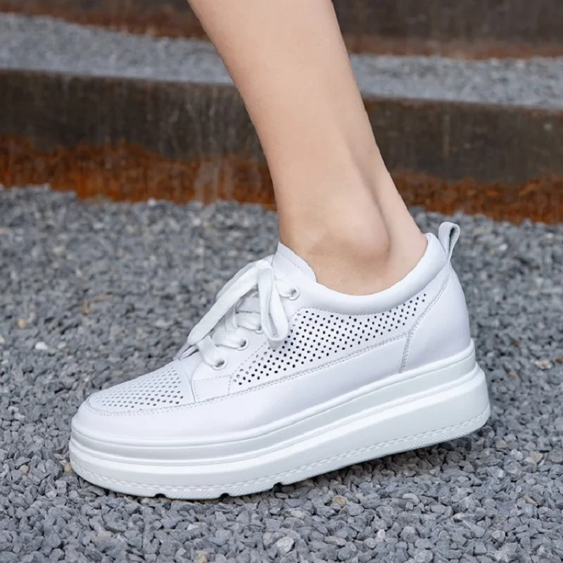 MEZEREON Women’s Shoes Cut-Outs Platform Sneakers Breathable Women Casual Full Grain Leather Lace-Up Ladies White | Обувь