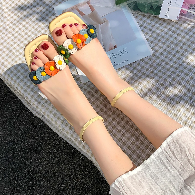 Rimocy Sweet Flower Flat Sandals Women 2020 Casual Ankle Strap Gladiator Woman Comfortable Slip on Beach Slippers Mujer | Обувь