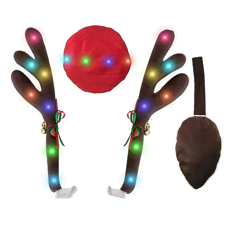 

Car Reindeer Antlers, Reindeer Car Set with LED Light, Christmas Car Antler, Includes Antlers, Nose, Tail
