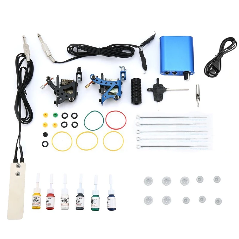 Полный набор для татуировок 2 машинки начинающих 6 чернил иглы захваты лепестки