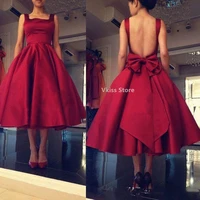 burgundy tea length prom dresses 2022 spaghetti backless draped short women plus size formal occasion party celebrity gowns hot