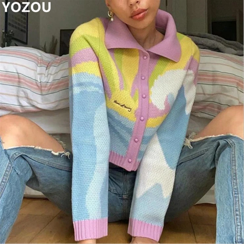 

Fall Cardigan For Women Single Breasted Turn-Down Collar Button Streetwear Blue Pink Vintage Knitted Sweater CropTop Female