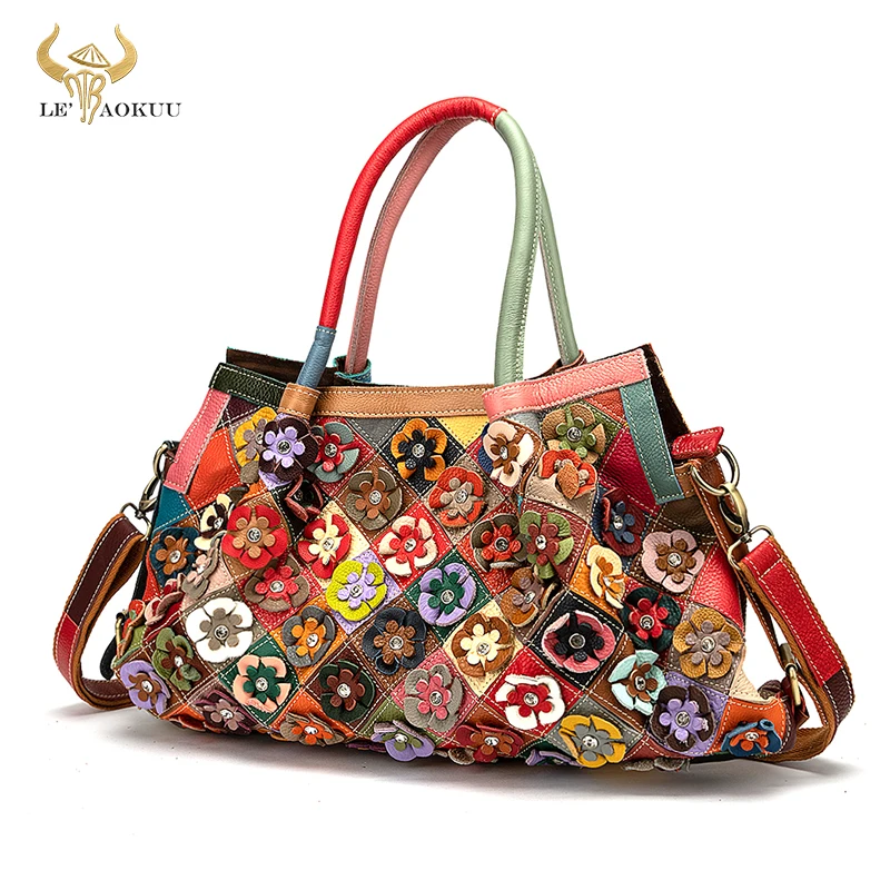 New Multi-Color Real Leather Luxury Brand Ladies Flower Fashion Shopper Handbag Shoulder bag Women Designer Female Tote bag 298