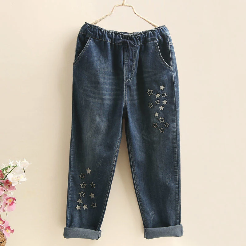 

New Arrival Spring Women All-matched Casual Loose Cotton Denim Harem Pants Vintage Embroidery Elastic Waist Ripped Jeans