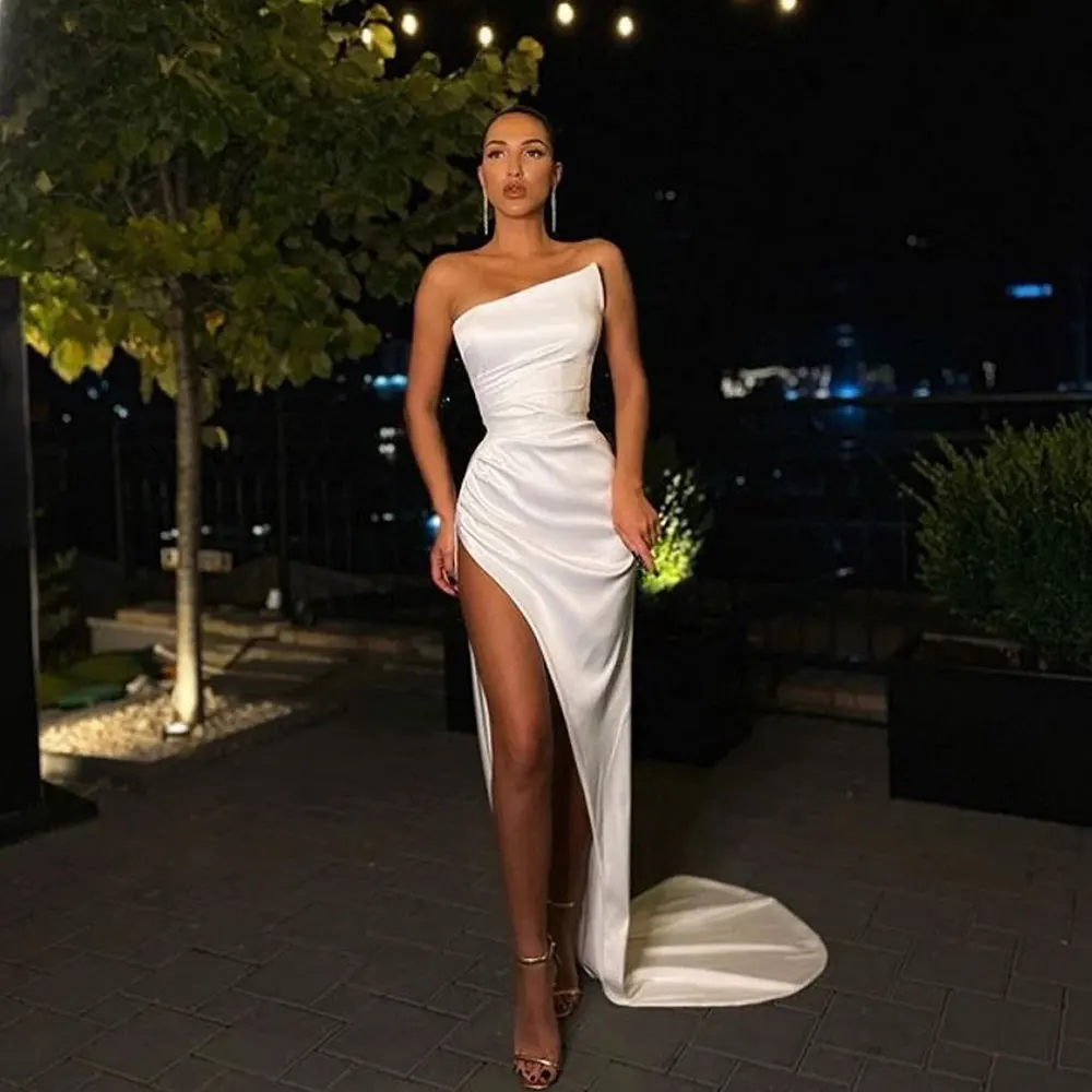 

Ivory Party Gowns Sheath Strapless Floor length Front/Side Slit Evening Dresses Sweep/Brush Sleeveless Fold\Ruffle Party Dresses