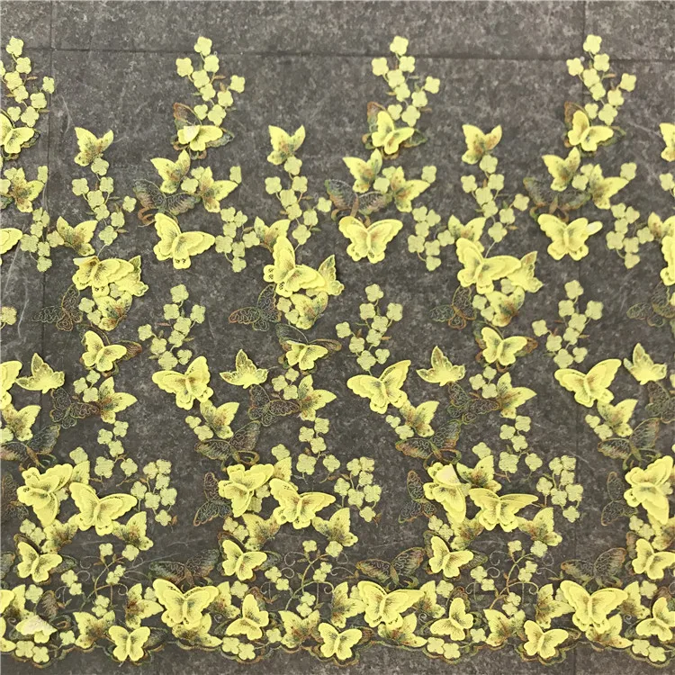 Мягкая 3D вышивка цветок бабочка аппликация кружево Тюль Ткань для платья желтый