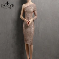 one shoulder gold evening dress glitter sheath prom gown sexy long sleeves golden party dress ruched short women formal dress