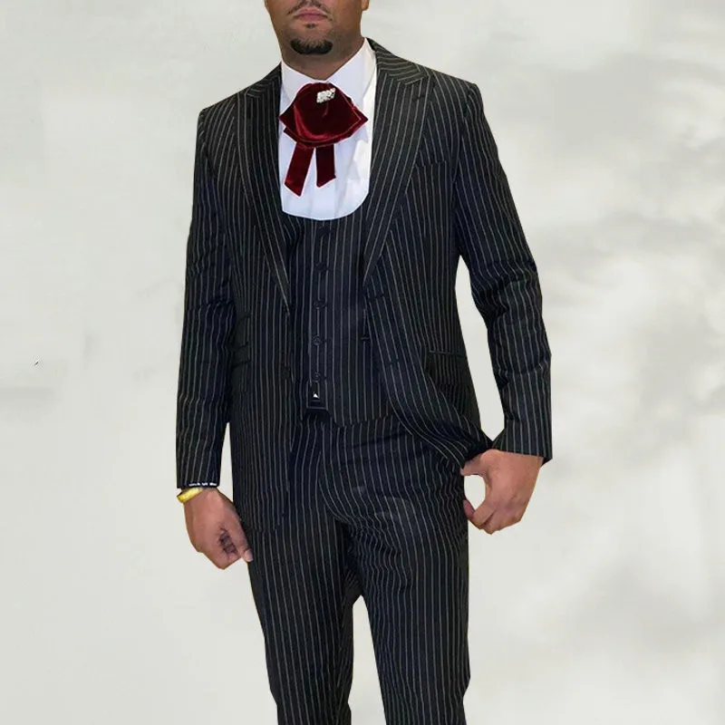 

(Куртки + жилет + брюки) 2023 Мужская мода черный деловой Полосатый костюм из трех частей мужское свадебное платье костюм для жениха
