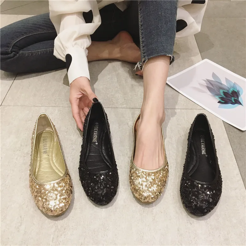 Туфли на плоской подошве с круглым носком и блестками Модные удобные туфли для