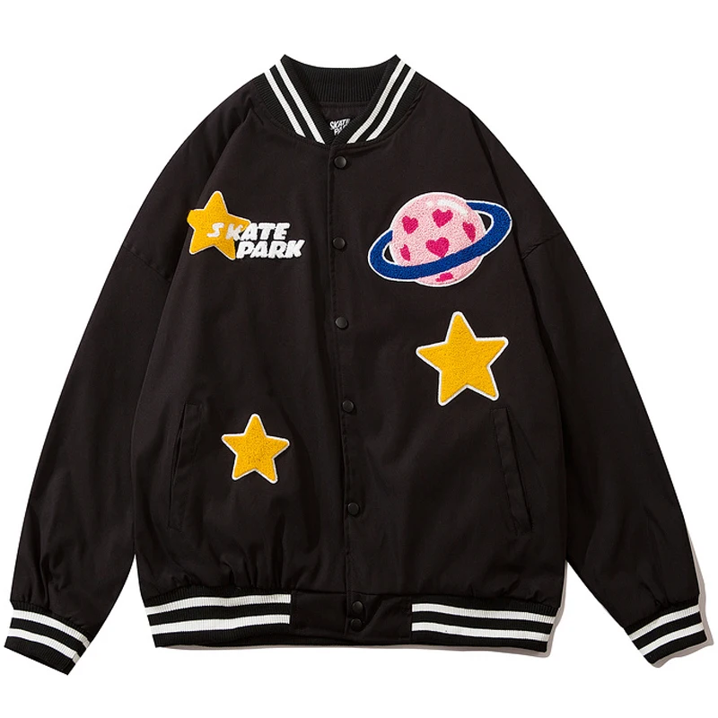 

Mens Star Planet Embroidery Bomber Jackets Vintage Harajuku Male Baseball Jacket Unisex Oversized V-neck Streetwear Black Coats