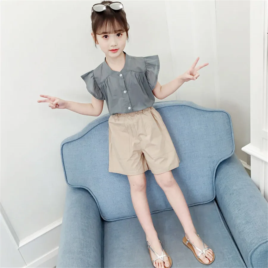 Летняя одежда для девочек топ с бантом + шорты повседневные костюмы