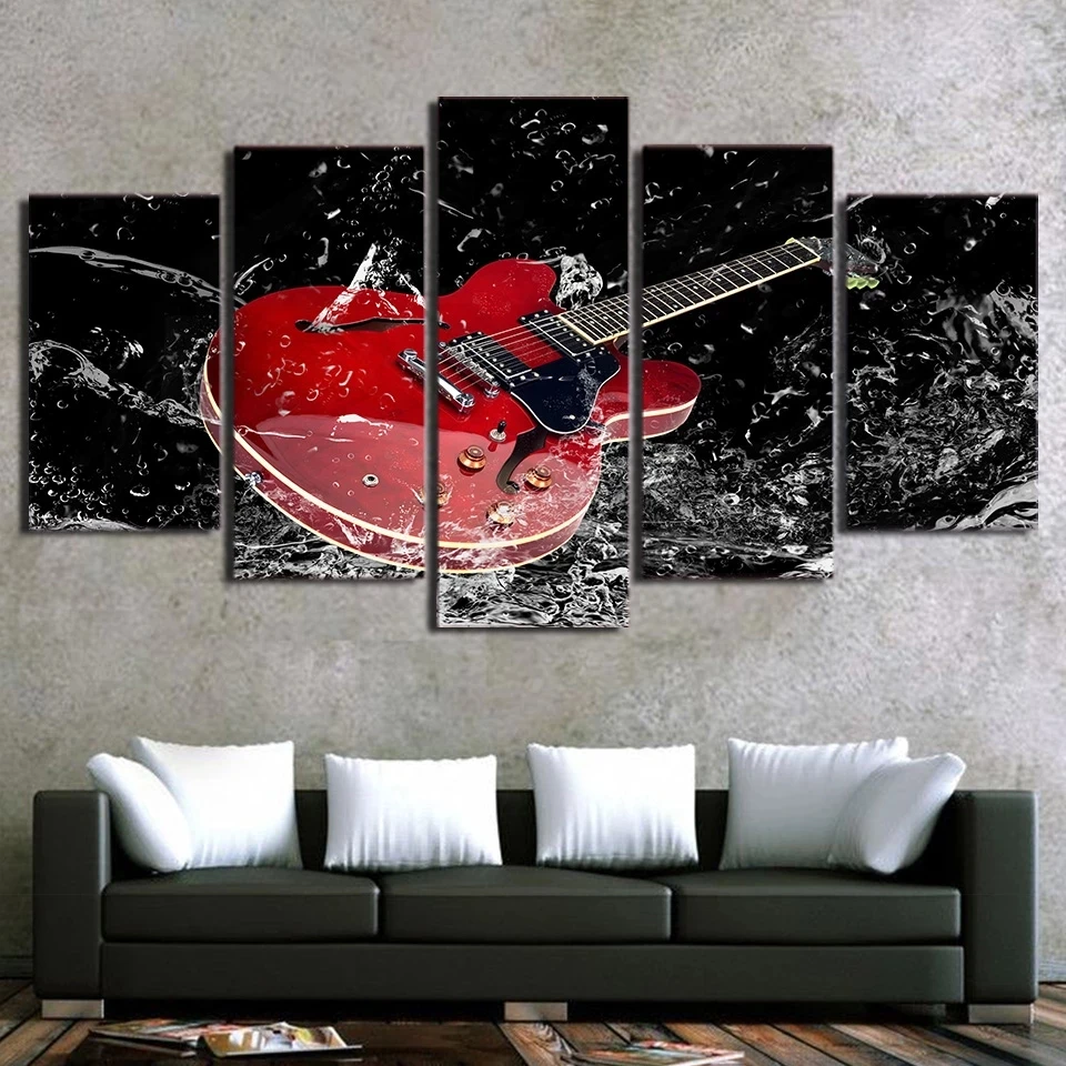 

New Modular Pictures Living Room HD Print Canvas 5 Panels Red Guitar Painting Home Decor Musical Instrument Posters Wall Art