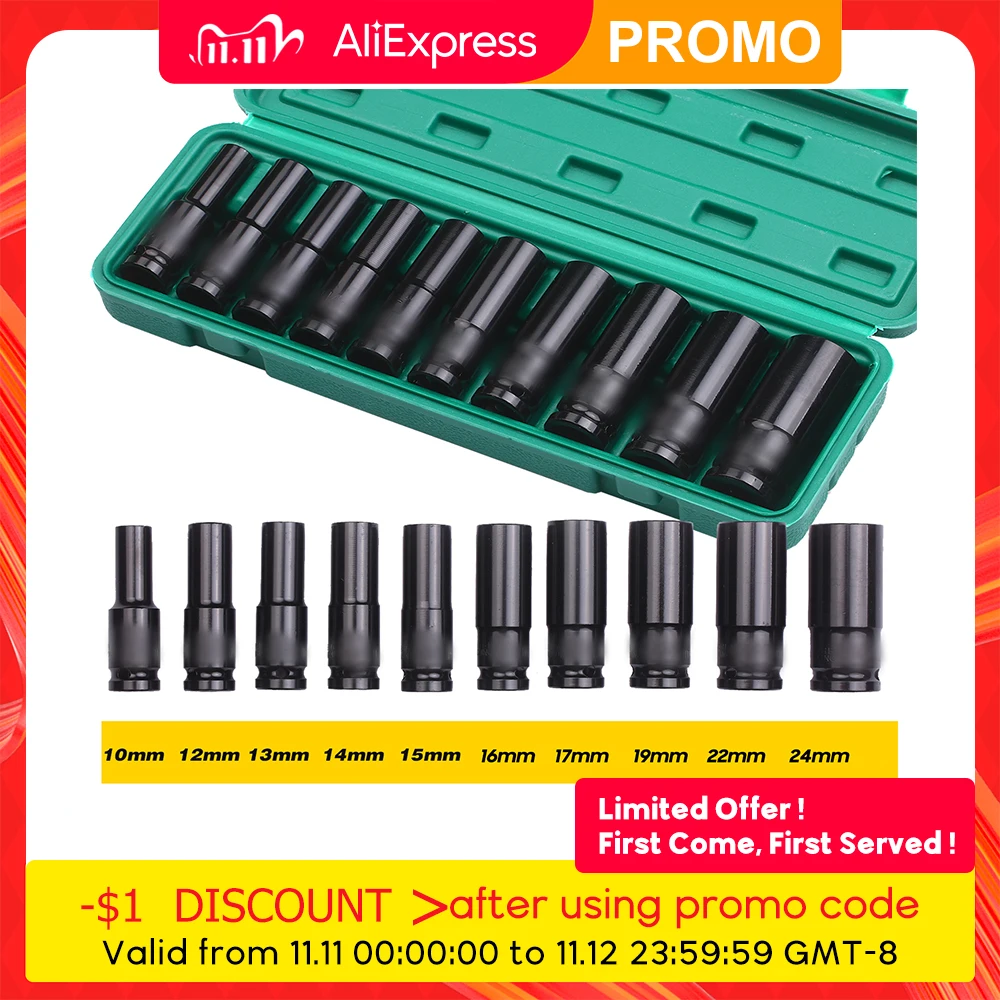 

Шеститочечная ударная розетка, привод 1/2 дюйма, набор из 10 метрических размеров 10-24 мм, из углеродистой стали, с жестким футляром для хранени...