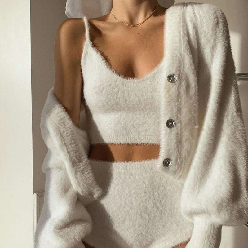 

Casual White Color Cardigans Set For Women Sheath Sleeveless Tops Vest Short Pants Three-piece Suits Strappy Knit Bustier Outfit