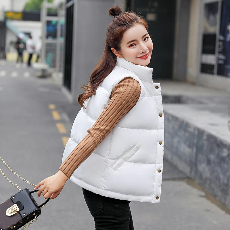 

Spring Autumn Cotton Vest Women Shorts Loose Stand Collar Down Cotton Vest Coats Large Size Black Female Vest Jackets HK187