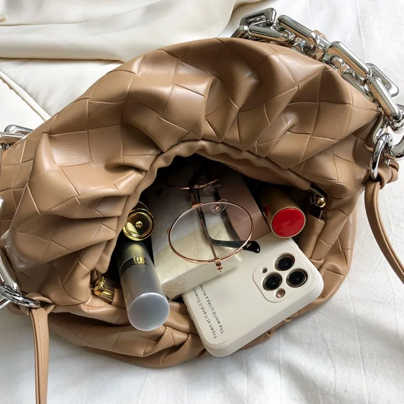 

Chic Small Leather Shoulder Bag with Chain Women High Quality Solid Color Plaid Crossbody Bags Lady Simple Pleated Dumpling Bag