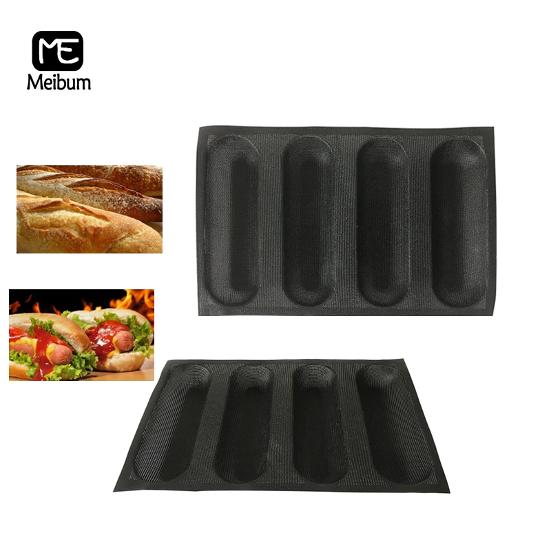 

4 Cavity Black Porous Silicone Mold Non Stick Baguette Hot Dog Mould Long Loaf Bread Tray Bakeware Baking Tools