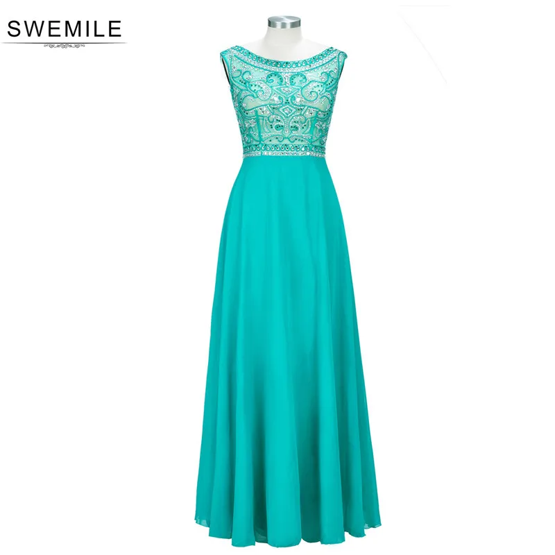 Длинное вечернее платье с бусинами и кристаллами Нефритовое зеленое А-силуэта