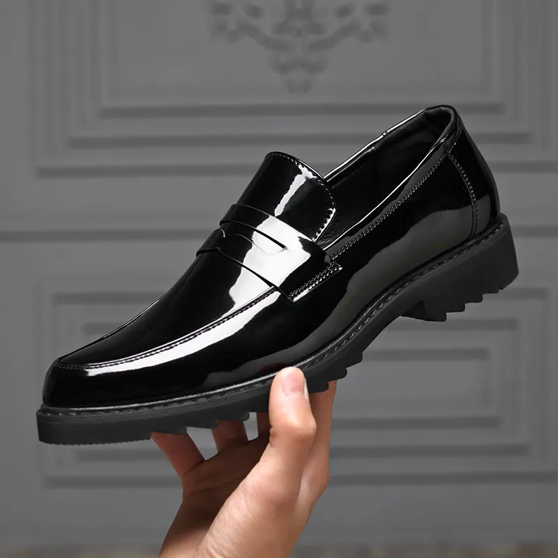 

Misalwa Casual Men Loafers Platform Thick Sole Patent Leather British Daily Men Dress Shoes Slip-on Mid Heel Elevator Shoes