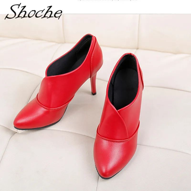 Красный Shoche/ботильоны; женская модная обувь; коллекция года; черные, красные короткие ботинки; женская обувь на высоком каблуке с острым носком; обувь без шнуровки на 8 см; большие размеры - Цвет: Красный
