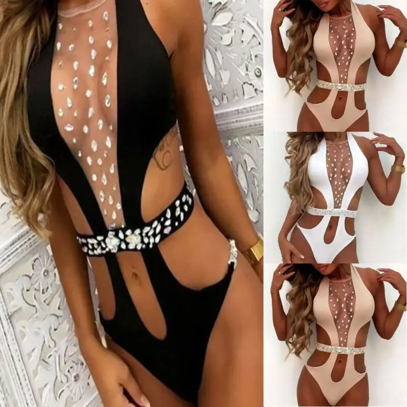 2021 Sexy Women Bikini Monokini with Rhinestone Belt Push Up Hollow Swimwear Swimsuit Summer Bathing Suit Beachwear | Спорт и