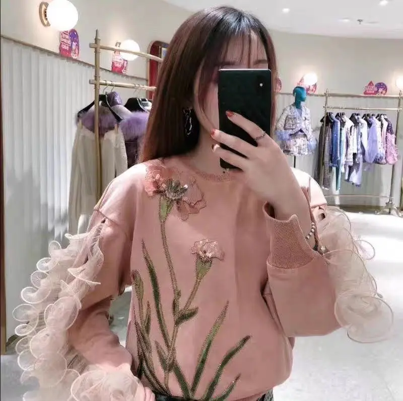

Autumn 3D Floral Embroidery Sequined T-shirts Beaded Pullovers Long Ruffles Sleeves Beaded Mesh Spliced Sweater Gauze Crop Tops