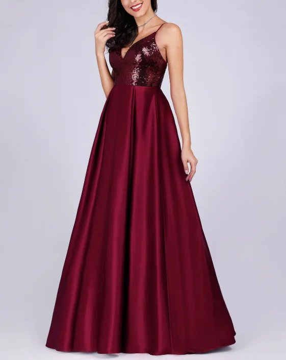 

Satin 2022 Ever Pretty Sexy V-neck Sequined Backless Red Long Formal Party Gowns Cheap Prom Long Elegant