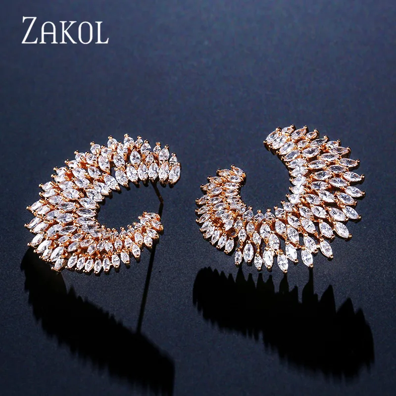 ZAKOL Европейский стиль большие серьги гвоздики CC винтажная Форма Луны микро CZ для