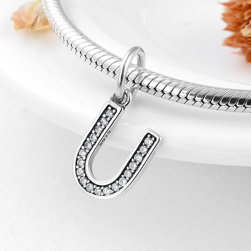 Подлинная серебряная буква 925 пробы U Хрустальная подвеска из бисера подходит к