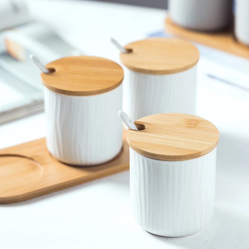 Классический керамический горшок для специй с рисунком дерева и ложкой крышкой