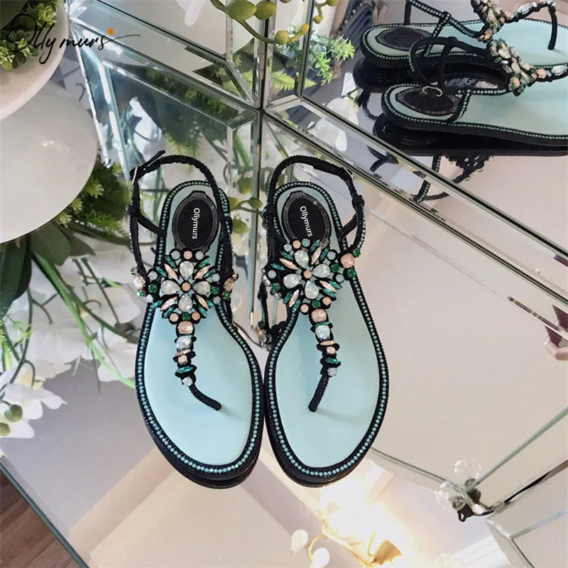 

OllyMurs New Fashion Style Black Women Summer Sandals Open Toe Buckle Strap Crystal Ladies Flat Sandals Casual Beach Shoes Woman