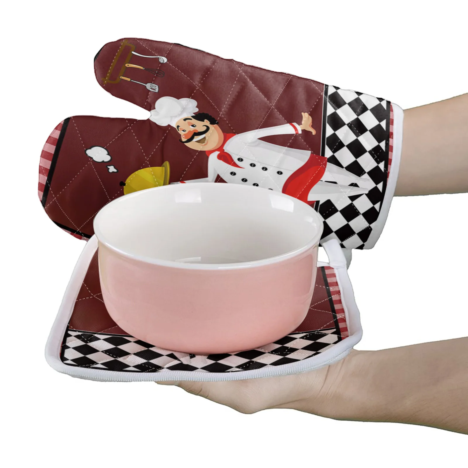 Набор красных клетчатых варежек для шеф-повара ножа и вилки аксессуары выпечки