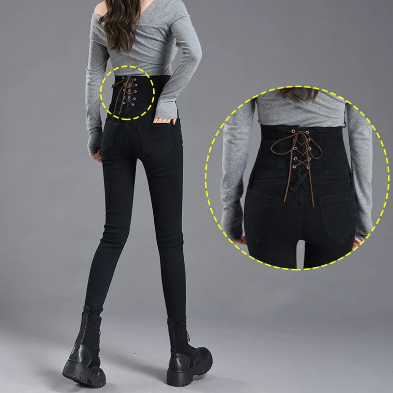 

New High Waist bow tie abdomen Bottom Jeans Women Buttons Skinny Jeans Femme Trousers Slim Streetwear Pencil Denim Pants