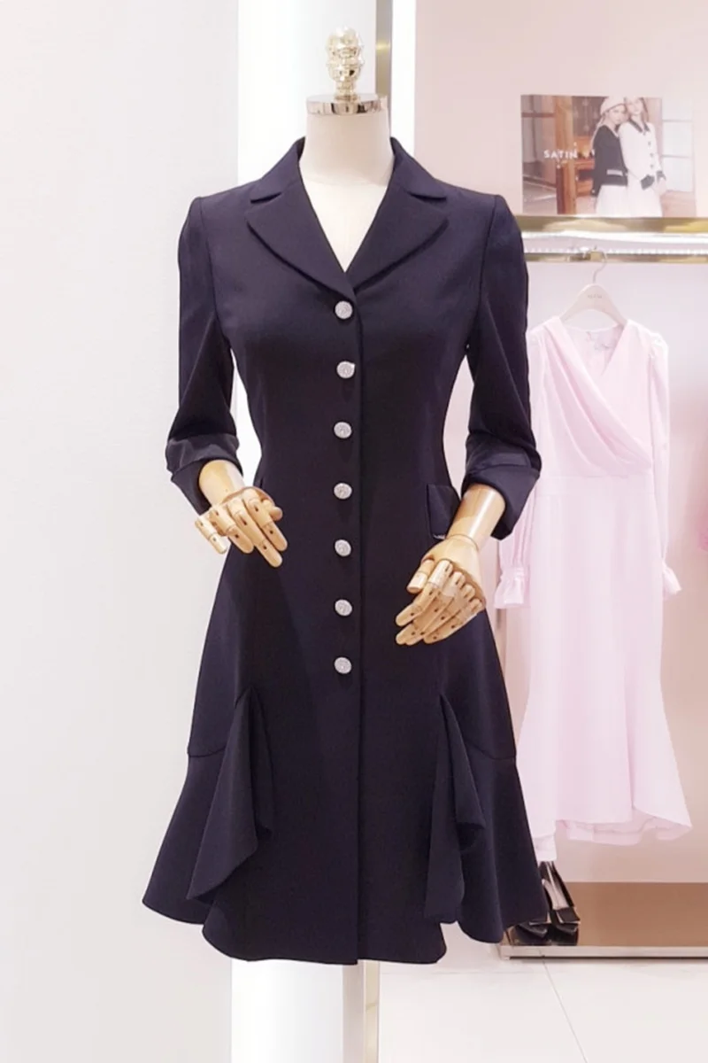 

2021 Spring Women New Korean Style Slim Waist Dress Elegant Suit Collar Ruffled Dress Women's Pure Color Single Breasted Dress