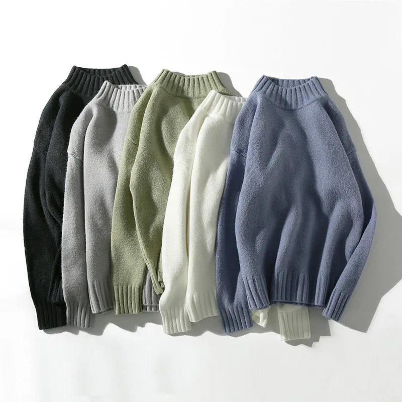 Мужской вязаный Свитер оверсайз с высоким воротником милая синяя винтажная