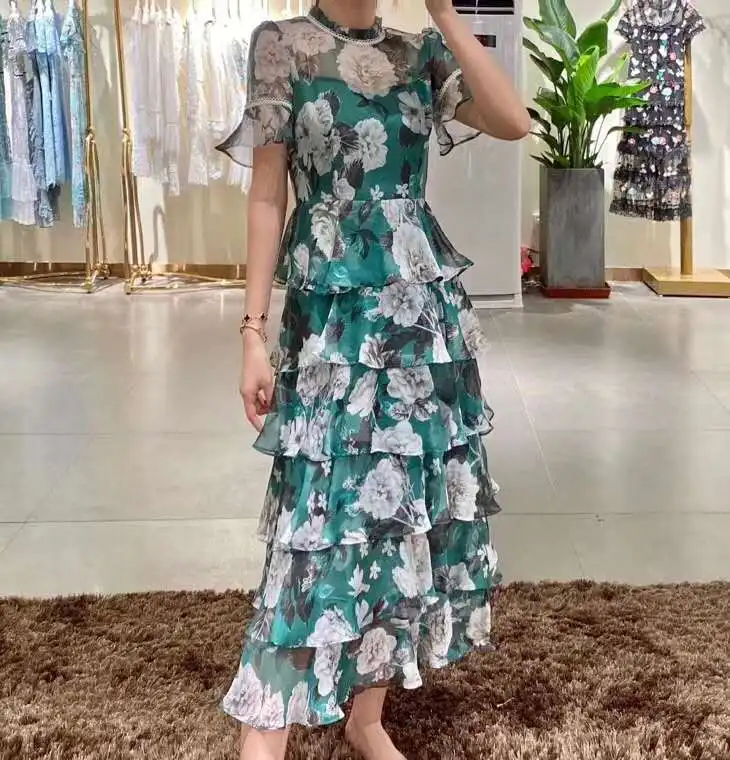 

Top Quality Designer Dress 2020 Summer Women Charming Flower Print Short Sleeve Cascading Ruffle Pink Green Dress Vestidos XL