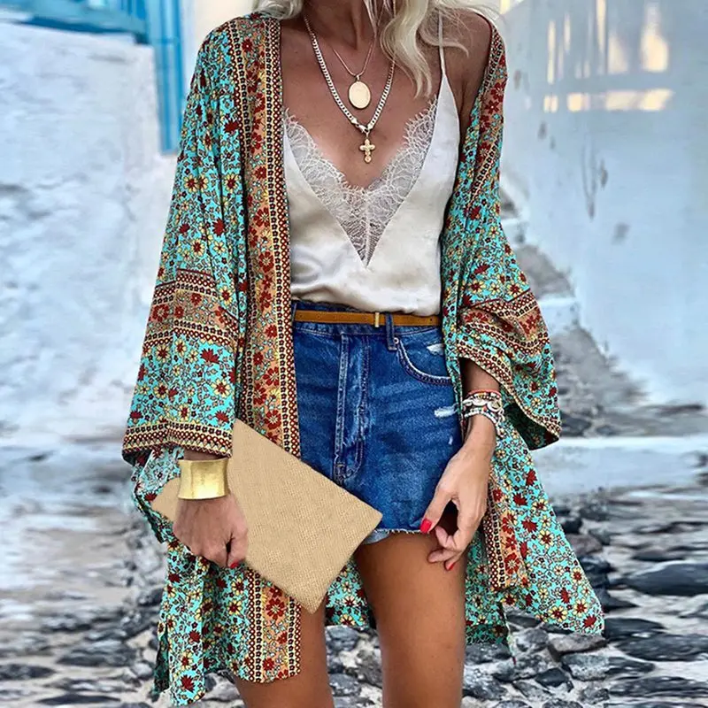 

2021 Traditional Ladies Kimono Cardigan Casual Retro Ladies Long Crochet Chiffon Loose Printed Shirt Top